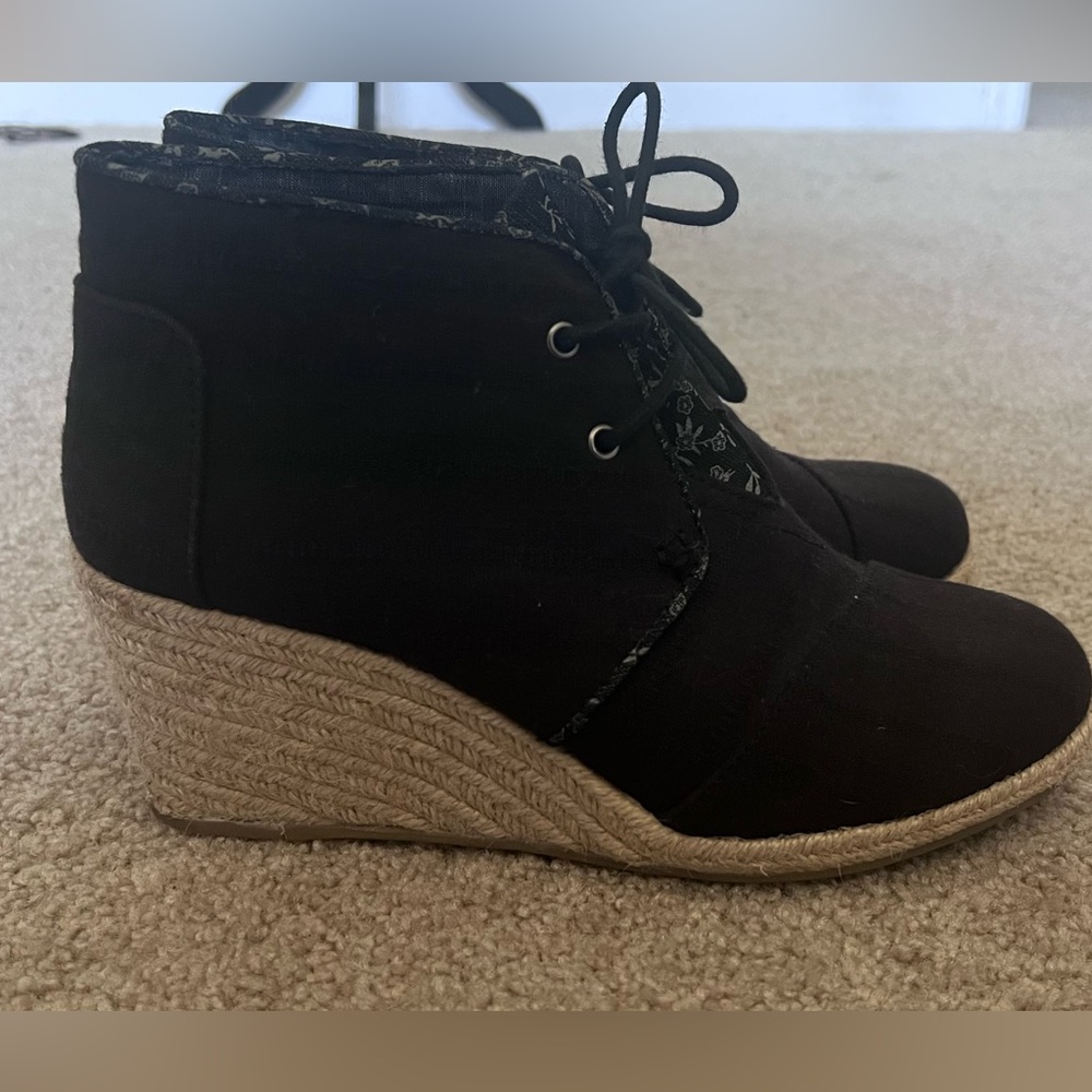TOMS black twill wedge booties